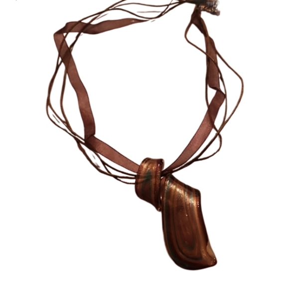 Teal brown / taupe glass swirled organza cord necklace - Picture 1 of 3